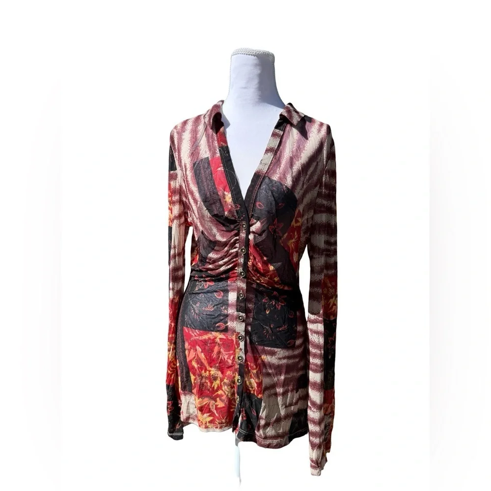 Free People Lucky Printed Blouse Patchwork Semi Sheer Mesh Boho Button Large